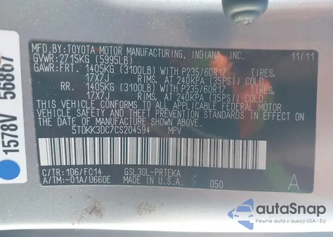 2012 Toyota Sienna Le V6 8 Passenger from USA, damaged, VIN 5TDKK3DC7CS204594